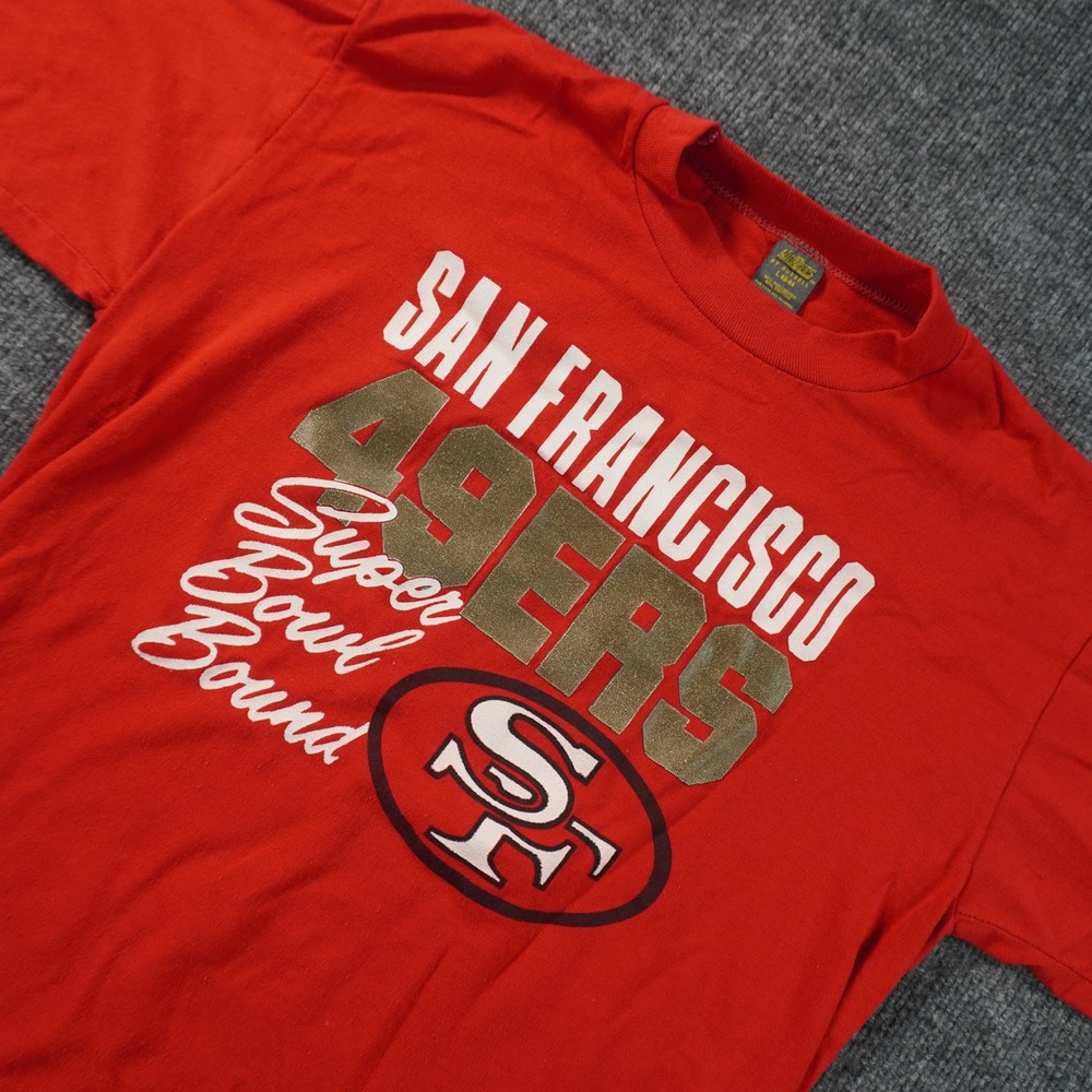 Vintage Russell SF 49ers T-Shirt Men Large Red Super Bowl Bound Single Stitch